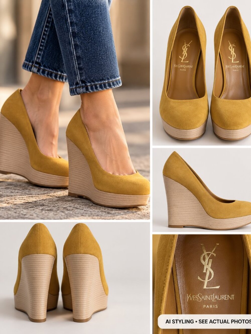 YSL Yves Saint Laurent Tribute Mustard Suede Platform Wedge Pumps EU 36.5